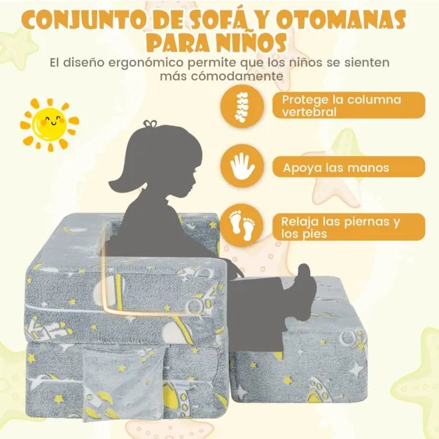 Sofá Infantil com Pufes Sofá Infantil Dobrável e Luminoso com Capa Removível e Lavável para Bebês 107 x 52 x 41,5 cm Cinza
