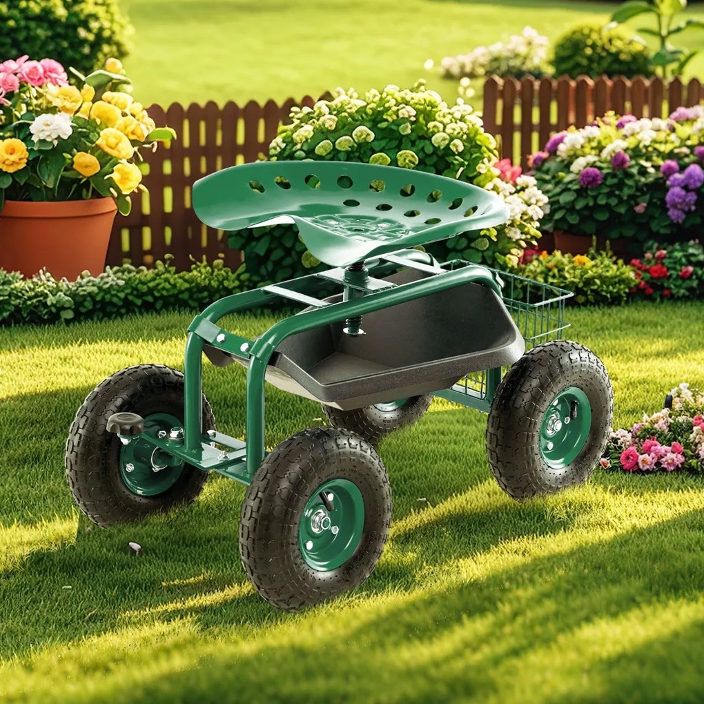 Banco para jardinagem 55,2 x 43 x 31 cm com rodas e alça extensível Assento ajustável 2 bandejas para ferramentas e 4 rodas de borracha Verde