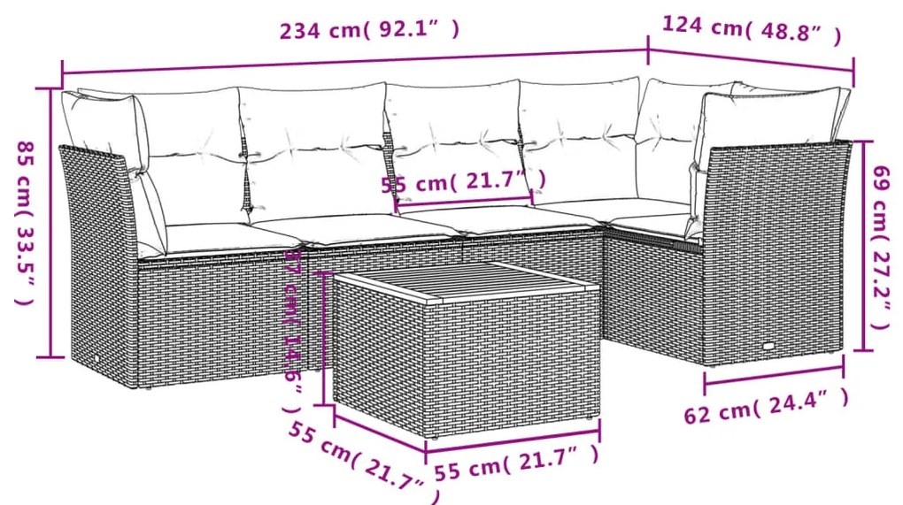 6 pcs conjunto de sofás p/ jardim com almofadões vime PE bege
