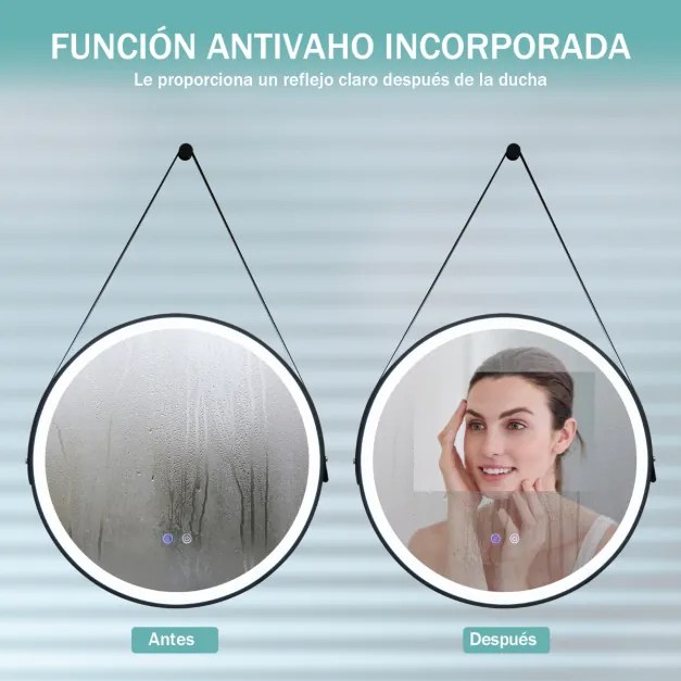 Espelho redondo para banheiro com diodo emissor de luz Espelho de parede de 60 cm com 3 núcleos de cordão anti-neve e função de memória com interrupto