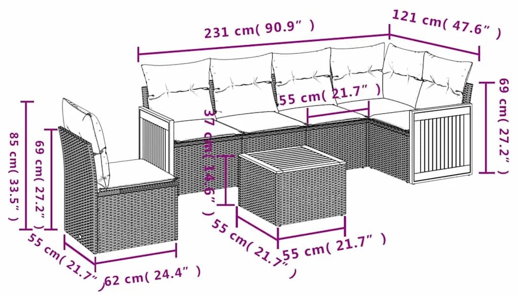 7 pcs conjunto de sofás p/ jardim c/ almofadões vime PE preto