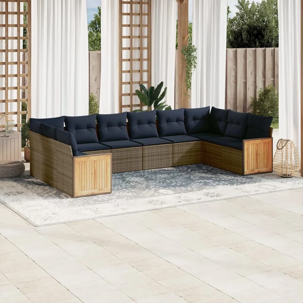 vidaXL 10 pcs conjunto sofás p/ jardim c/ almofadões vime PE cinzento