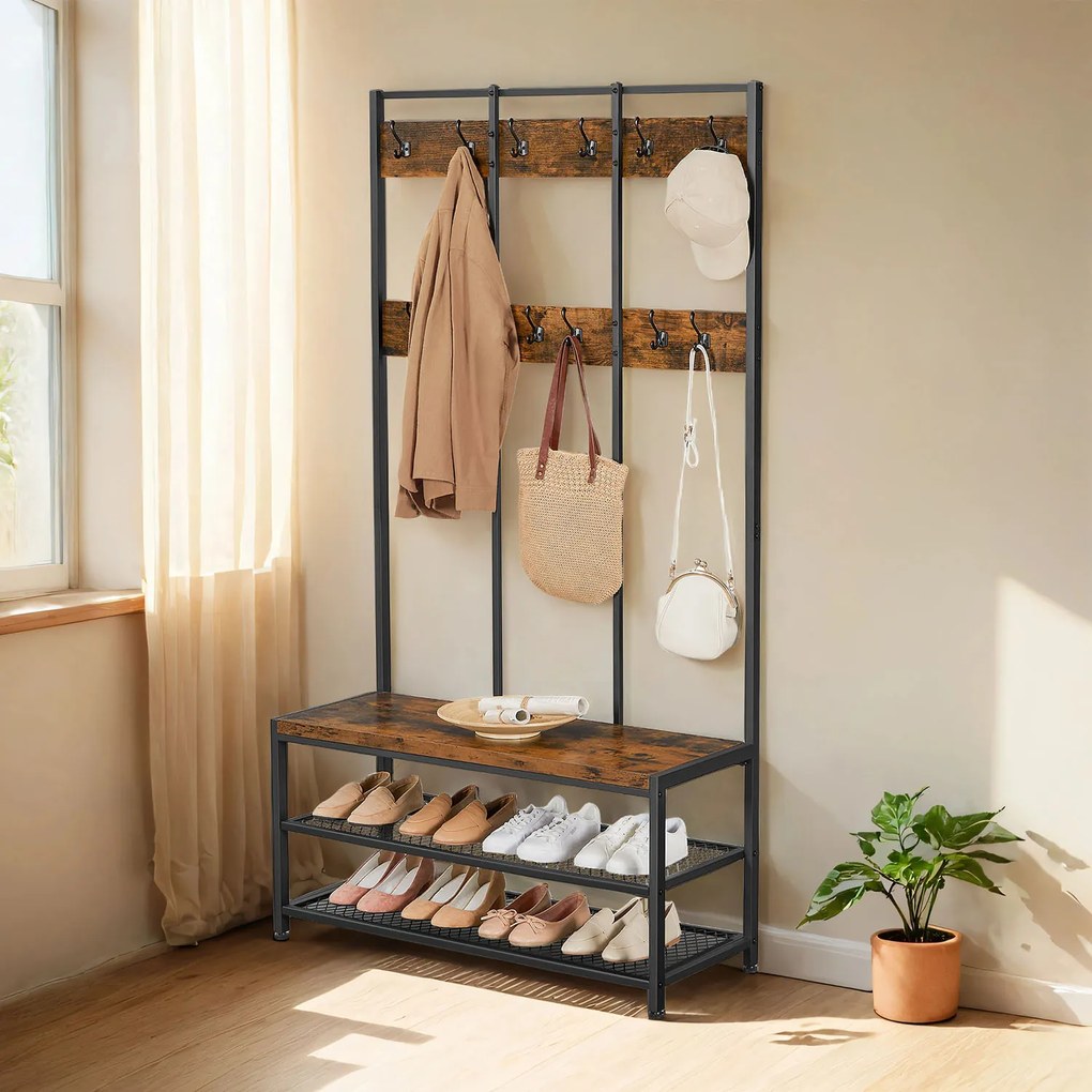 Movel entrada Hall com banco para sapatos em estilo industrial 100 x 40 x 184 cm (C x L x A) castanho vintage-preto