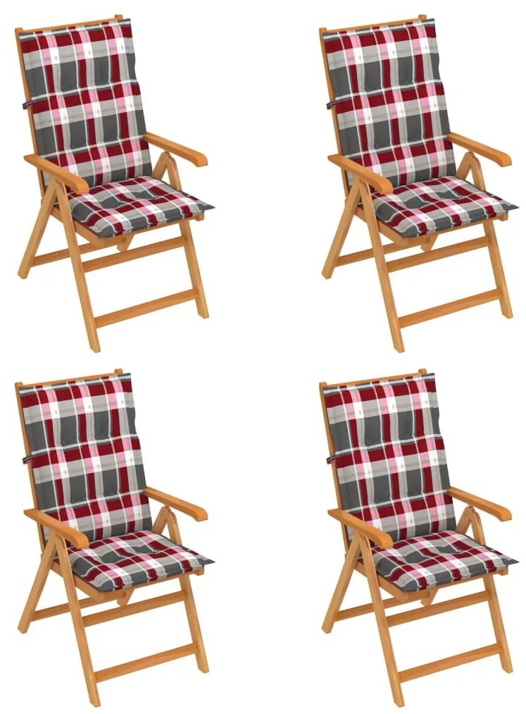 3065558 vidaXL Cadeiras jardim c/ almofadões xadrez vermelho 4 pcs teca maciça