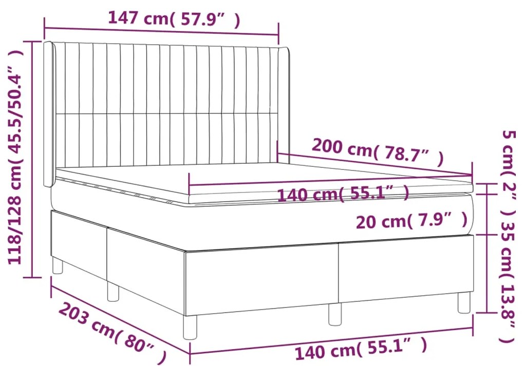Cama box spring c/ colchão/LED 140x200cm tecido castanho-escuro
