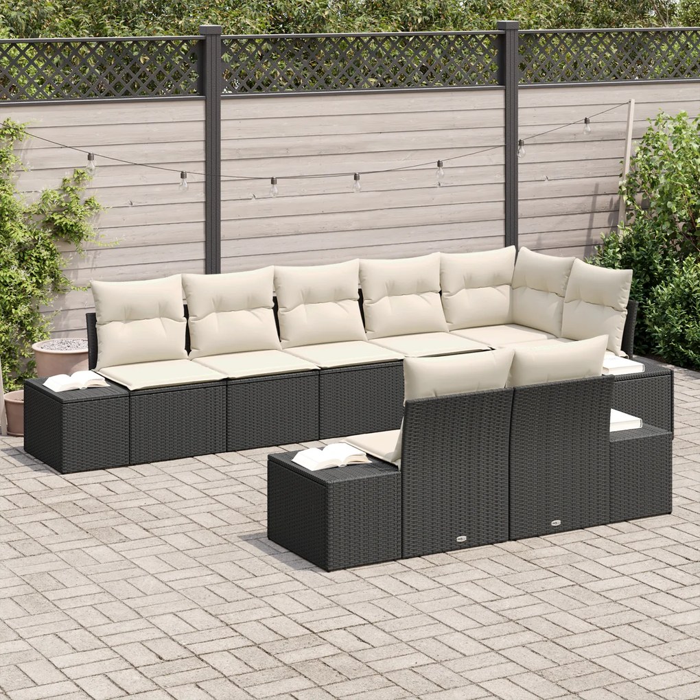 Conjunto de Sofá de Jardim de 8 Peças com Almofadas Pretas de Rattan P