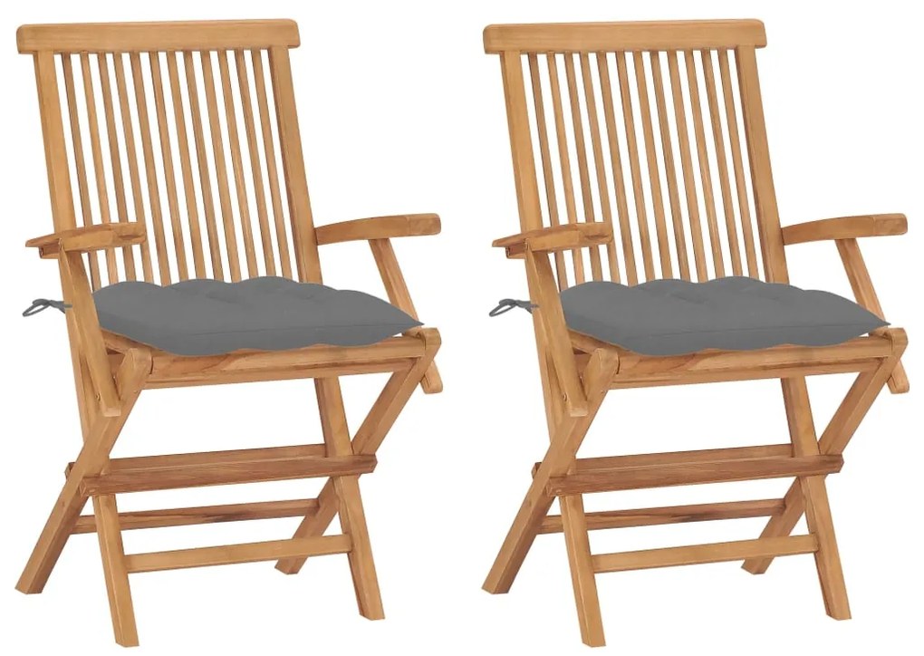 vidaXL Cadeiras de jardim c/ almofadões cinzentos 2 pcs teca maciça