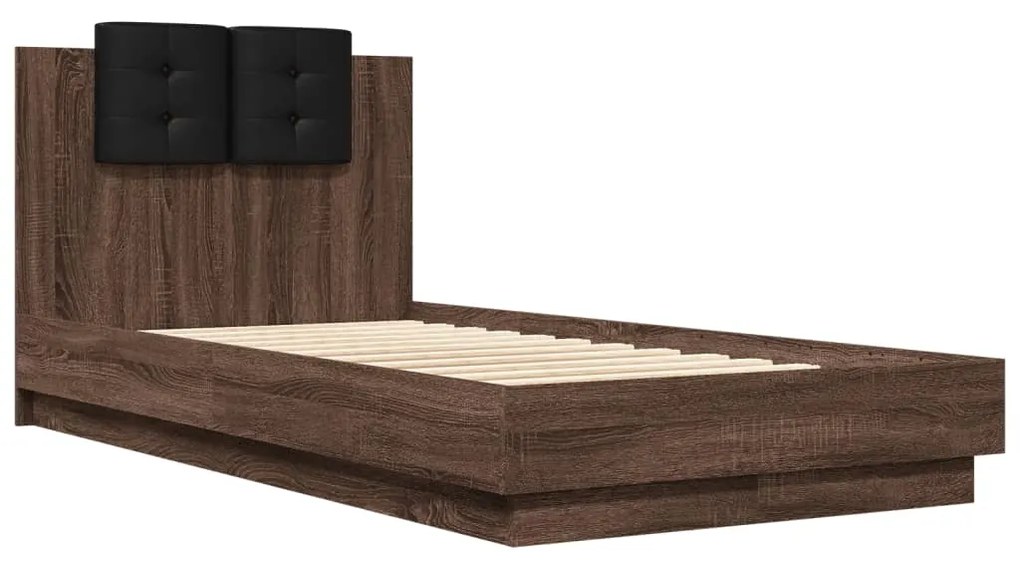 Estrutura cama cabeceira/luzes LED 75x190 cm carvalho castanho