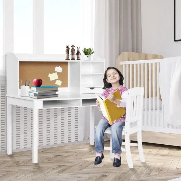 Conjunto de secretária e cadeira para crianças com Gavetas e Estantes Branco