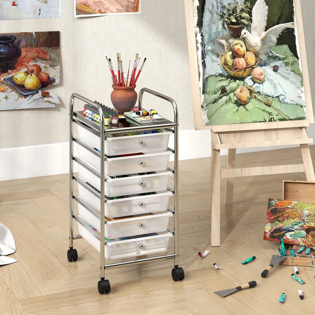 Carrinho de Armazenamento com 6 Gavetas, 33 x 38 x 66 cm, Rodas Giratórias com Travão, Branco