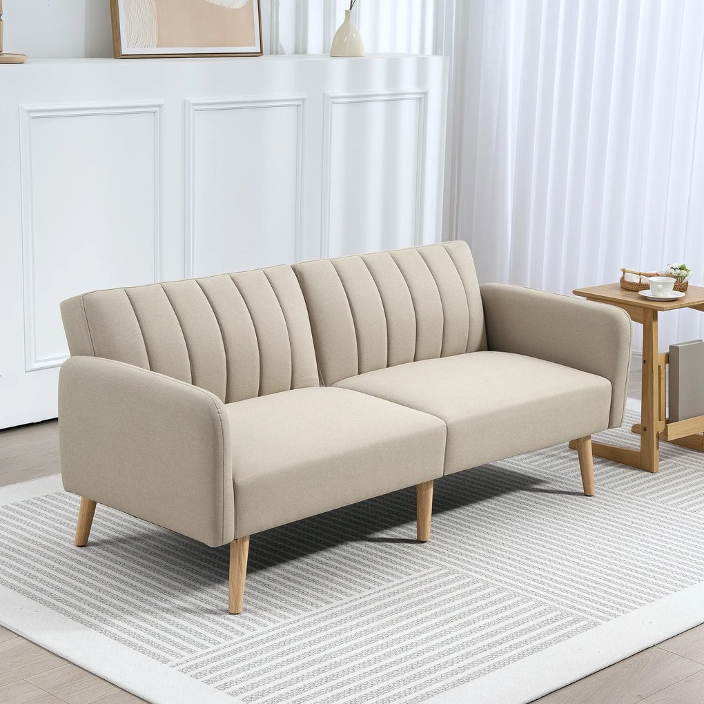 Sofá-cama de 2 lugares, design escandinavo, encosto reclinável em 3 posições, pés de madeira, tecido com efeito de linho bege