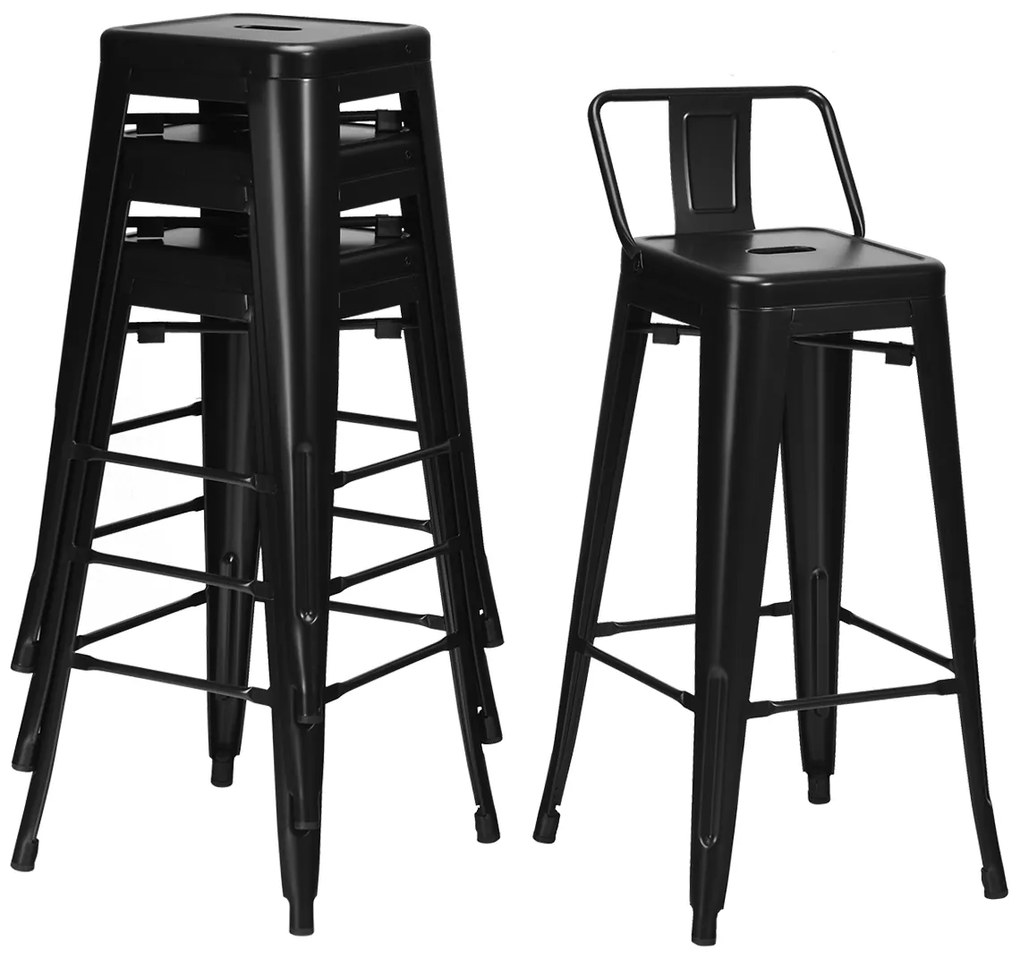 Conjunto de 4 Bancos de Bar de Cozinha, 43 x 43 x 94 cm, Empilháveis, Preto