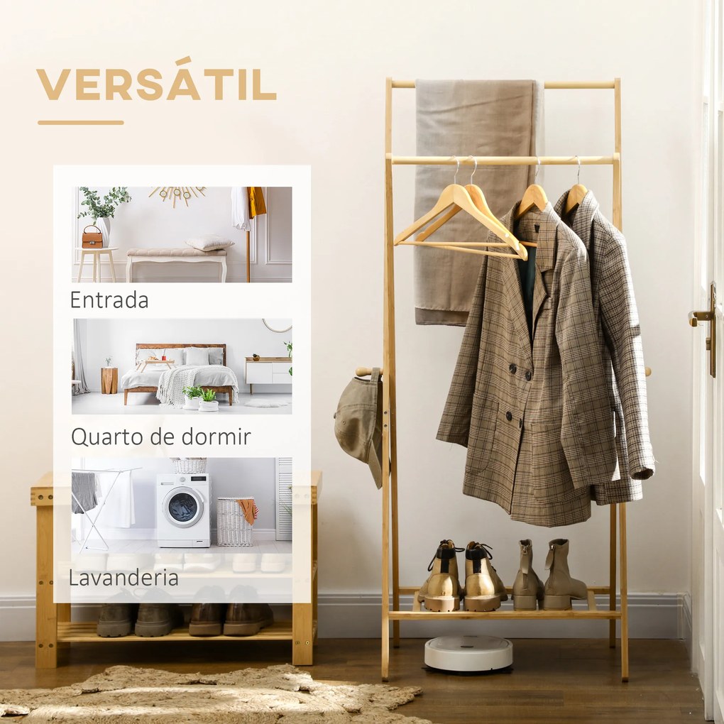 HOMCOM Suporte para Cabides de Bambu Porta Cabides com Prateleira para Sapatos 2 Barras e 2 Ganchos para Corredor Entrada Dormitório 74x42x150 cm Madeira