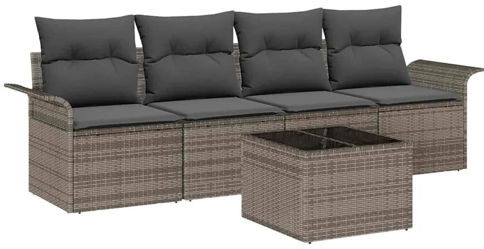Conjunto de sofá de jardim de 5 peças com almofadas cinzas em ráfia de