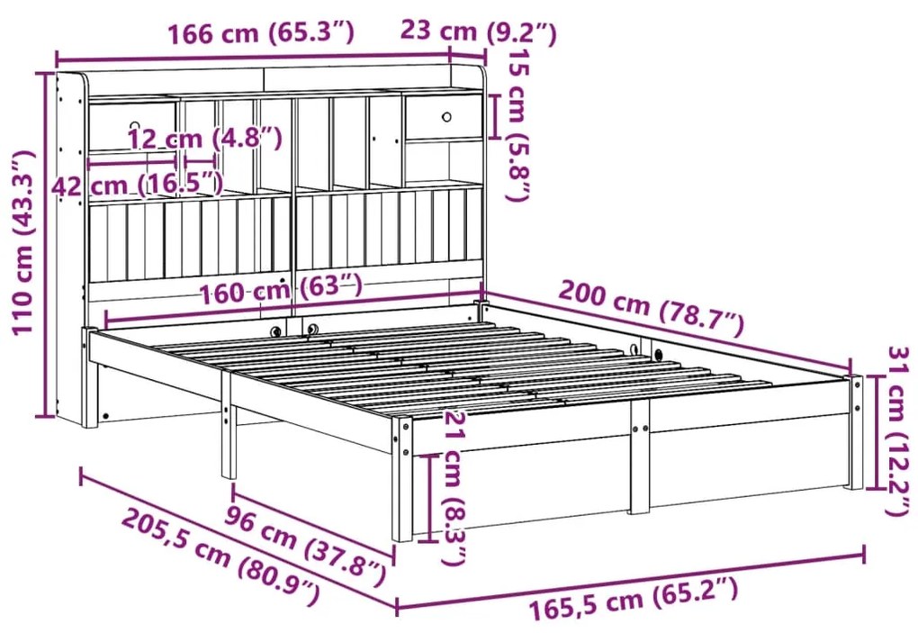 Cama com estante sem colchão 160x200 cm pinho maciço