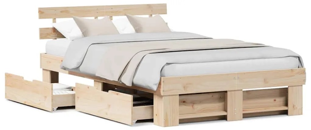 Cama com Gavetas 140 x 190 cm - Madeira de Pinho Sólido