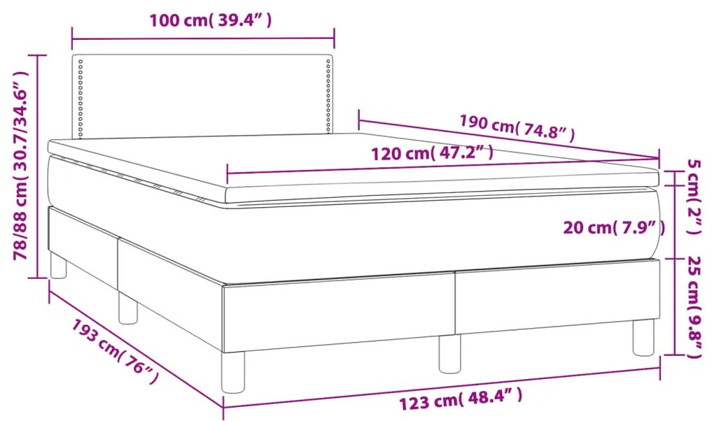 Cama box spring c/ colchão e LED 120x190 cm tecido cinza-escuro