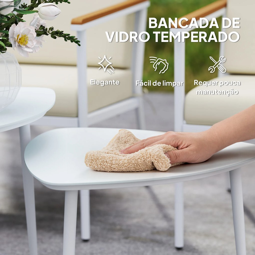 Conjunto de Jardim de 5 Peças com 1 Sofá de 2 Lugares 2 Poltronas e 2 Mesas de Centro com Bancada de Vidro Creme