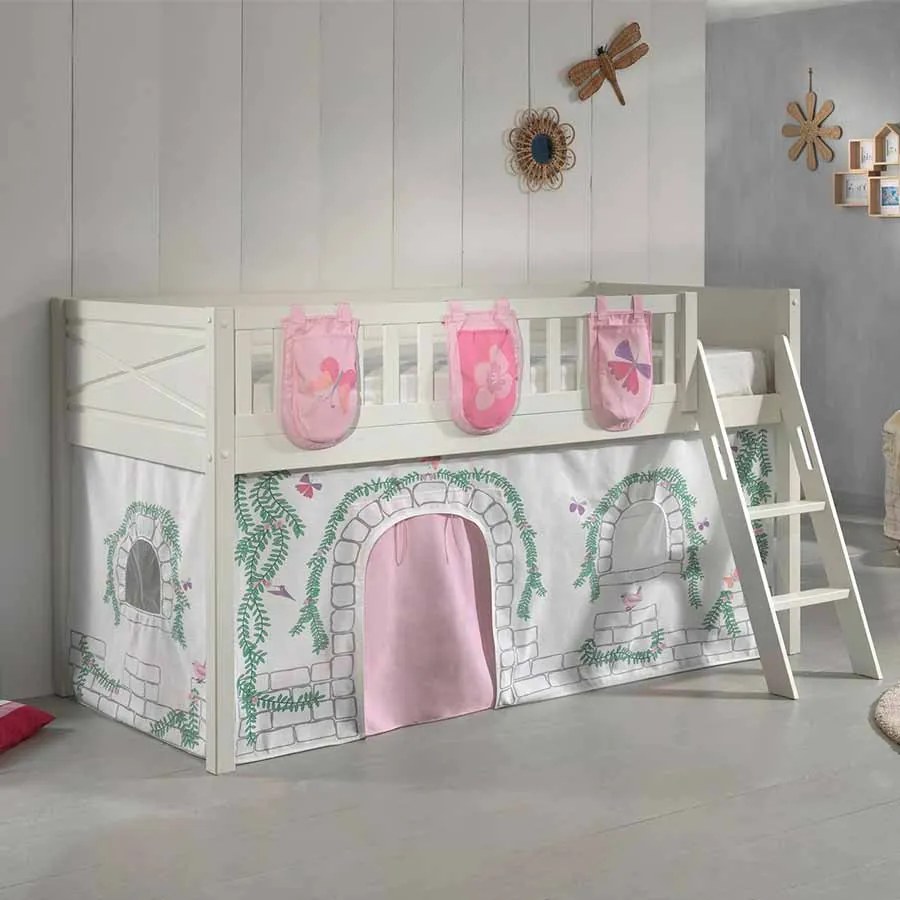 Conjunto cama alta Infantil SCOTT + cortina de brincar BIRDY + 3 bolsos de arrumação Branca