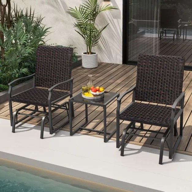 Conjunto de móveis baloiço jardim de vime de 3 peças com mesa de café de vidro temperado assento de vime assento de vime estrutura metálica móveis de