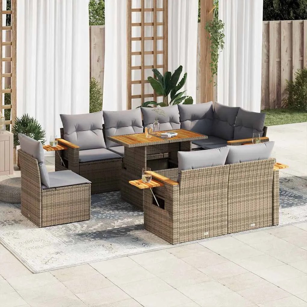 9 pcs conjunto sofás jardim com almofadões vime PE/acácia bege