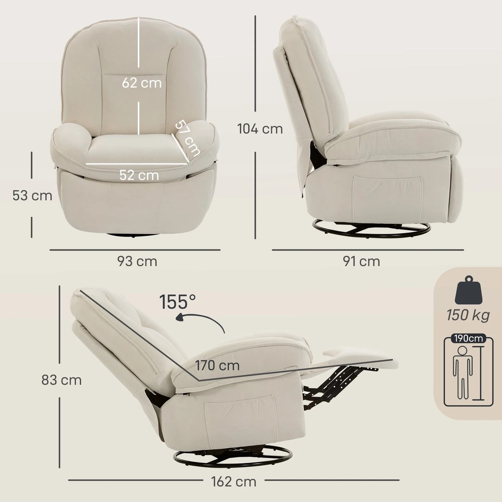 Poltrona reclinável em tecido felpudo, poltrona de relaxamento giratória a 360°, assento largo, bolsos laterais, creme