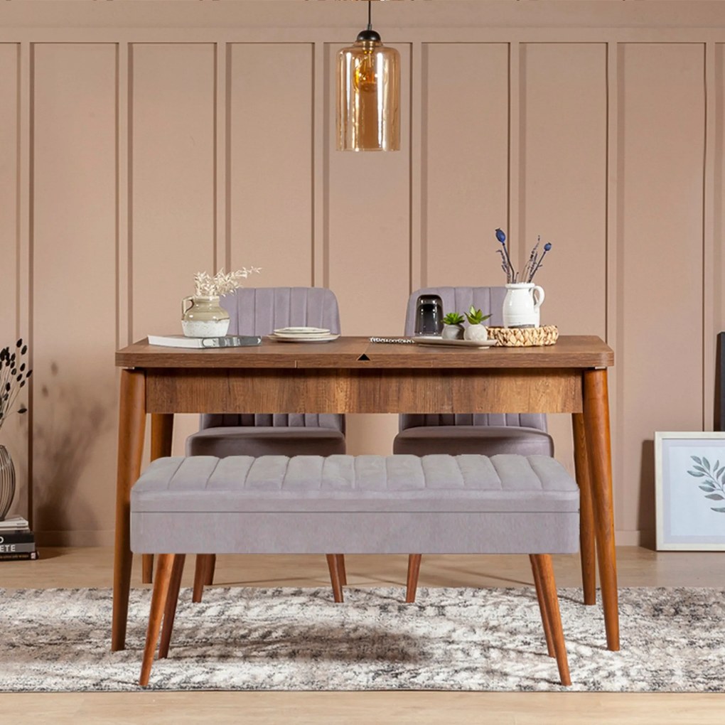 Conjunto de Mesa de Jantar Extensível Vina – Nogueira e Cinza – Mesa 1