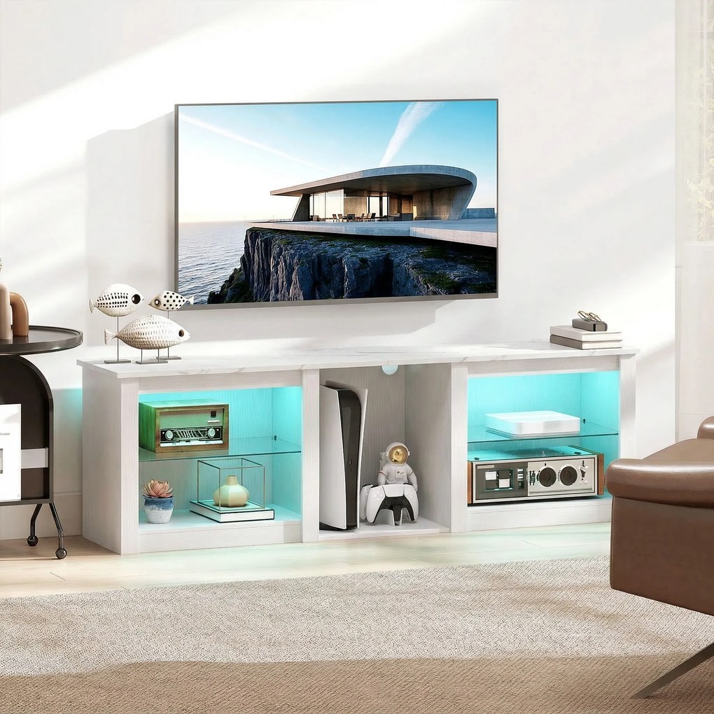 Móvel de TV com iluminação LED para televisores até 70 polegadas, 160 x 35 x 51,7 cm, com prateleiras de vidro ajustáveis, branco