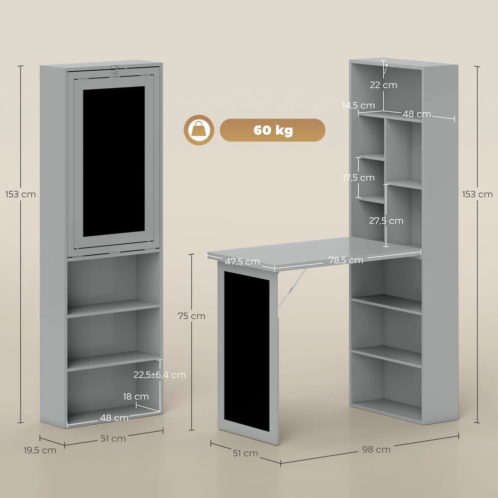 Secretária com arrumação dobrável, fixada à parede e rebatível, com estante, posto de trabalho, quadro de giz e prateleira ajustável