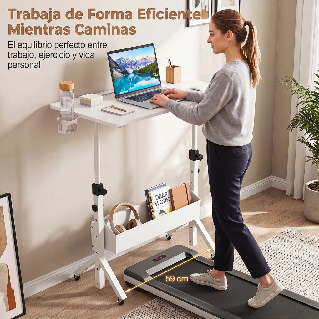 Secretária Móvel, 80 x 40 x 70-117 cm, Regulável em Altura, Branco
