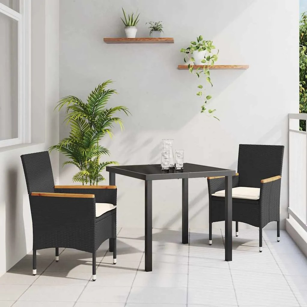 vidaXL Conjunto de Jantar de Jardim 3 Peças com Almofadas em Rattan Sintético Preto
