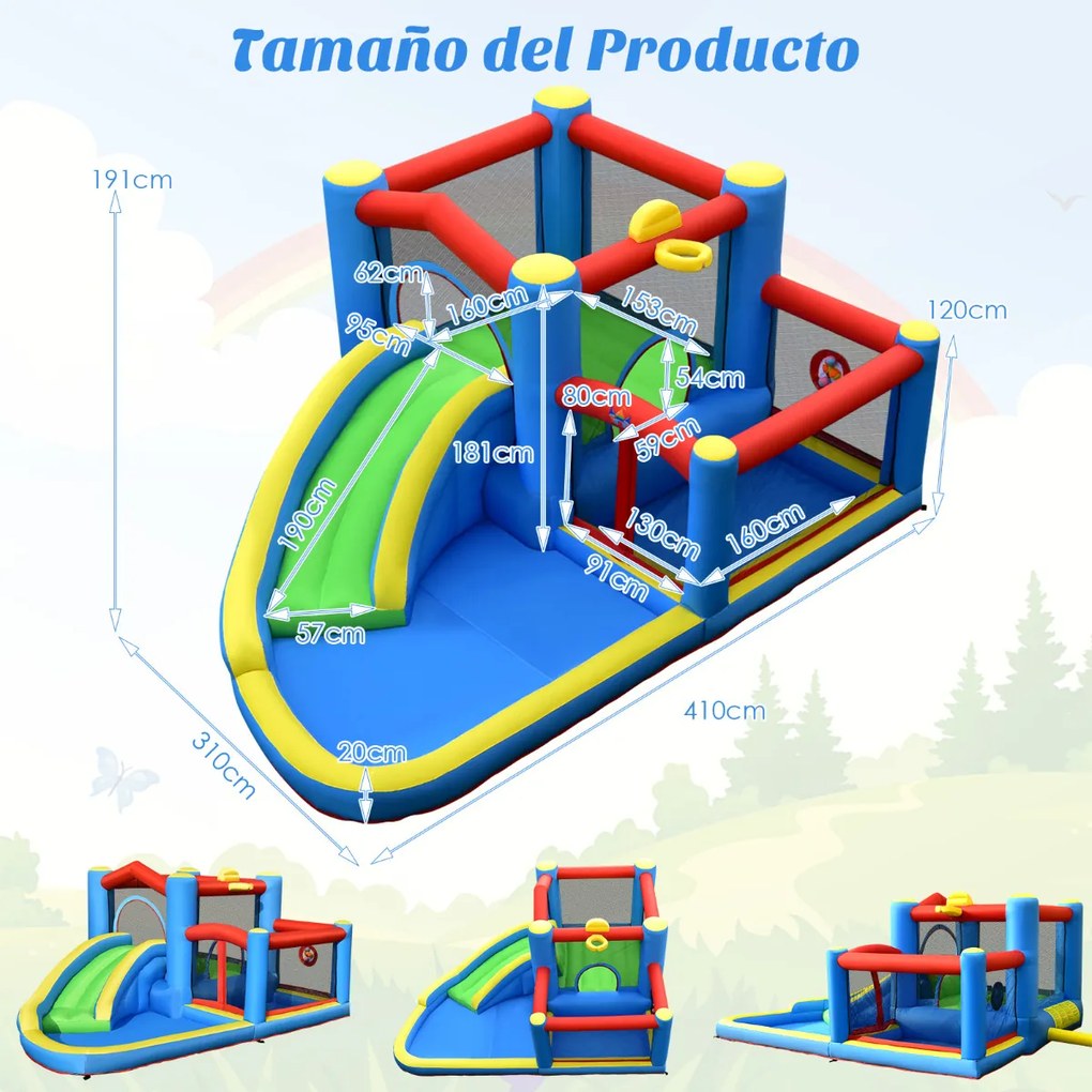 Castelo de Água Insuflável Infantil com Parque Infantil com Área de Salto de Piscina sem Compressor 410 x 310 x 191 cm