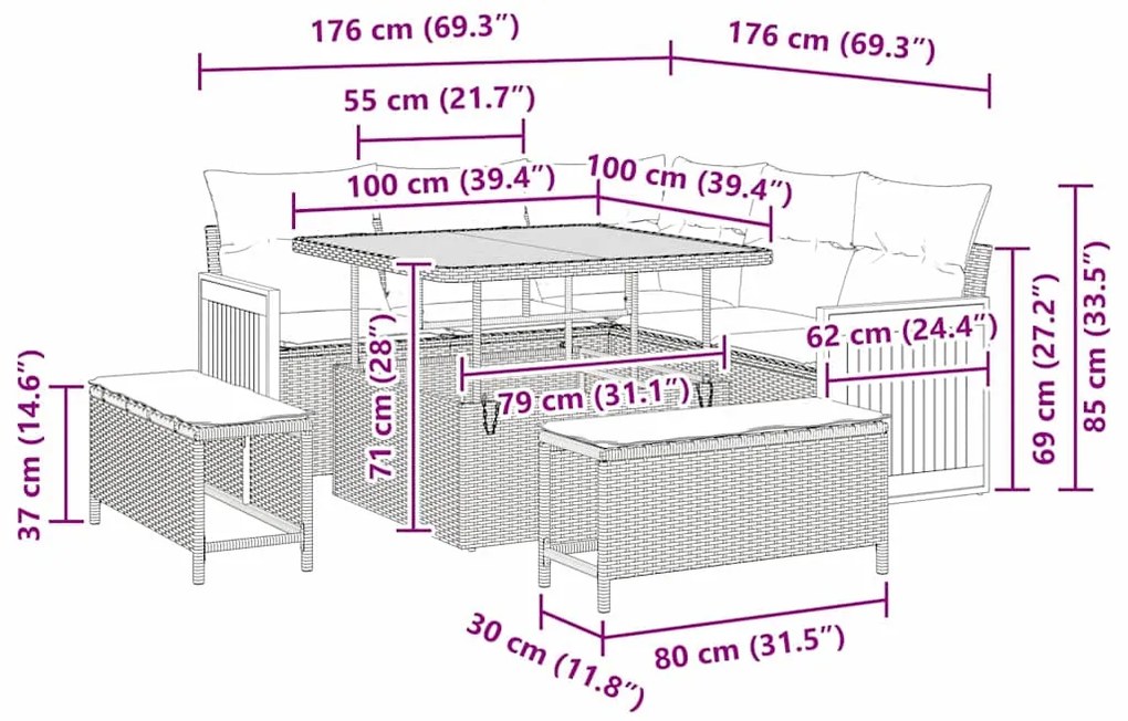 Conjunto de Sofá de Jardim 8 Peças com Almofadas Preto Rattan Sintétic