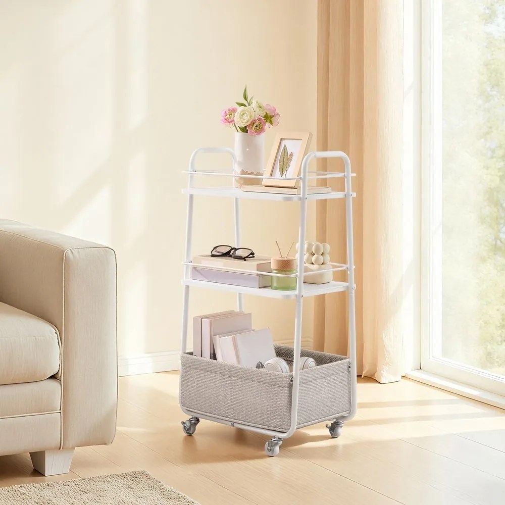 Carrinho apoio com 3 níveis, prateleiras e cesto para a sala de estar 43 x 30 x 81 cm branco-castanho