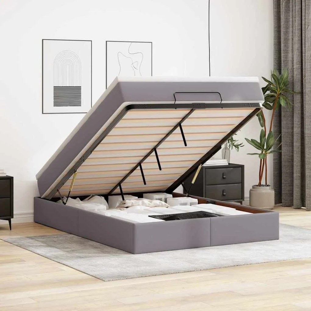 vidaXL Estrutura de cama otomana com colchão cinza couro falso