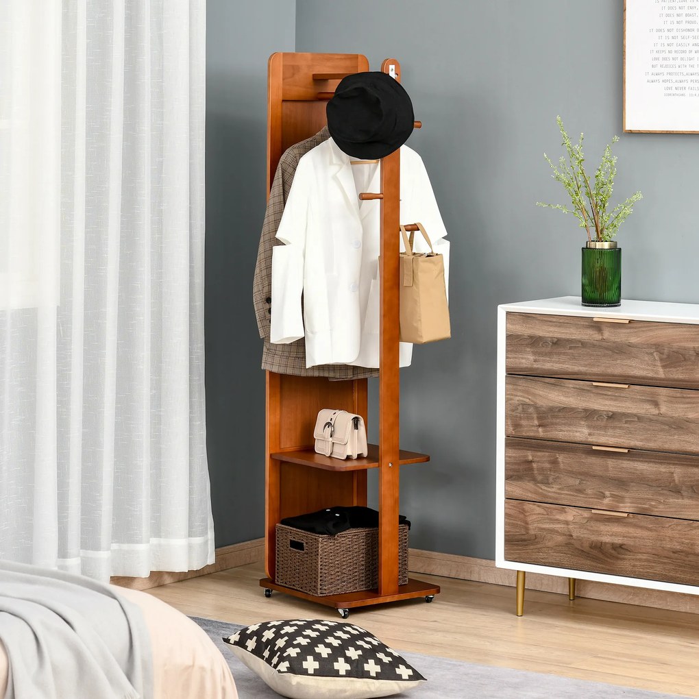 Espelho de pé com rodas 40 (L) x 44,5 (P) x 170 (A) cm com Cabide 4 ganchos e prateleira em MDF com acabamento em cor nogueira