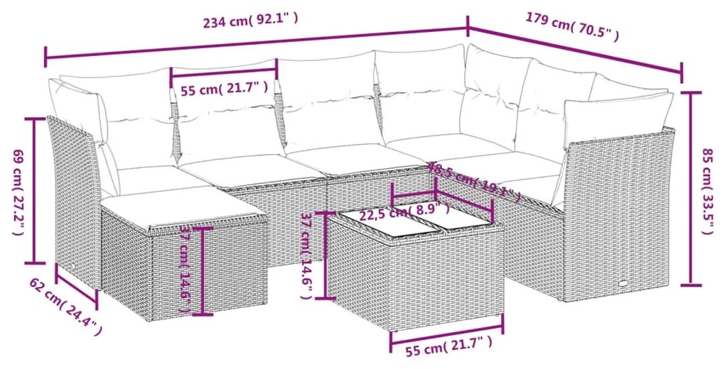 8 pcs conj. sofás jardim c/ almofadões vime PE cinzento-claro