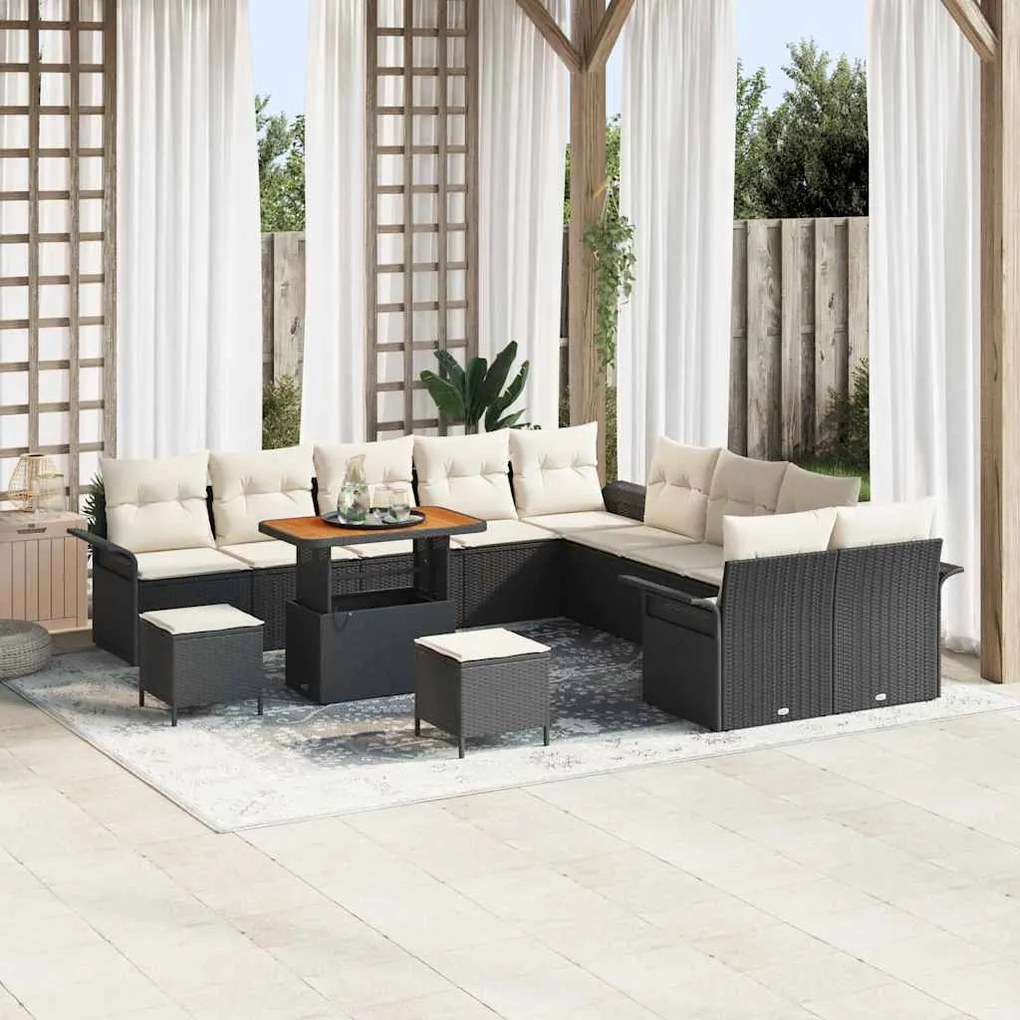 vidaXL Conjunto de Sofá de Jardim 13 Peças com Almofadas Pretas em Rattan e Polipropileno