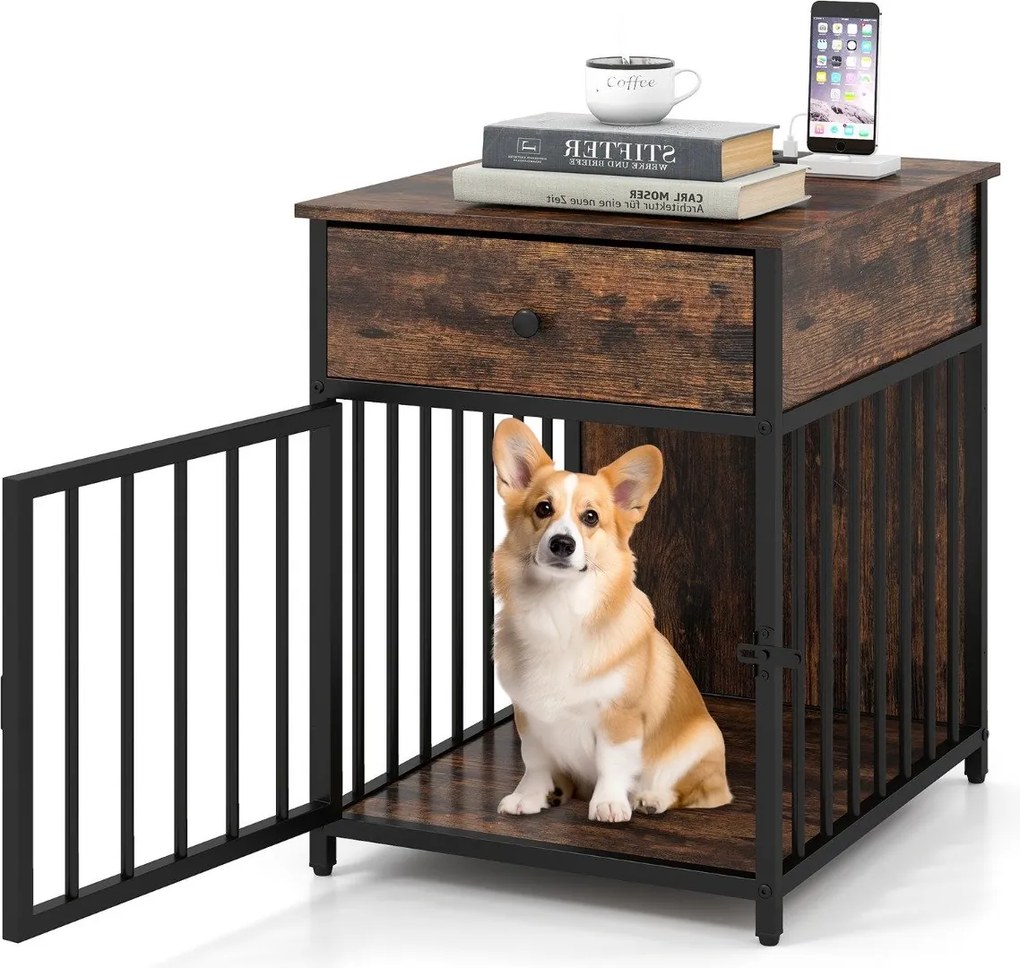 Gaiola para cães Mesa auxiliar para uso doméstico com estação de carregamento, porta, gaveta e tubos de metal castanho