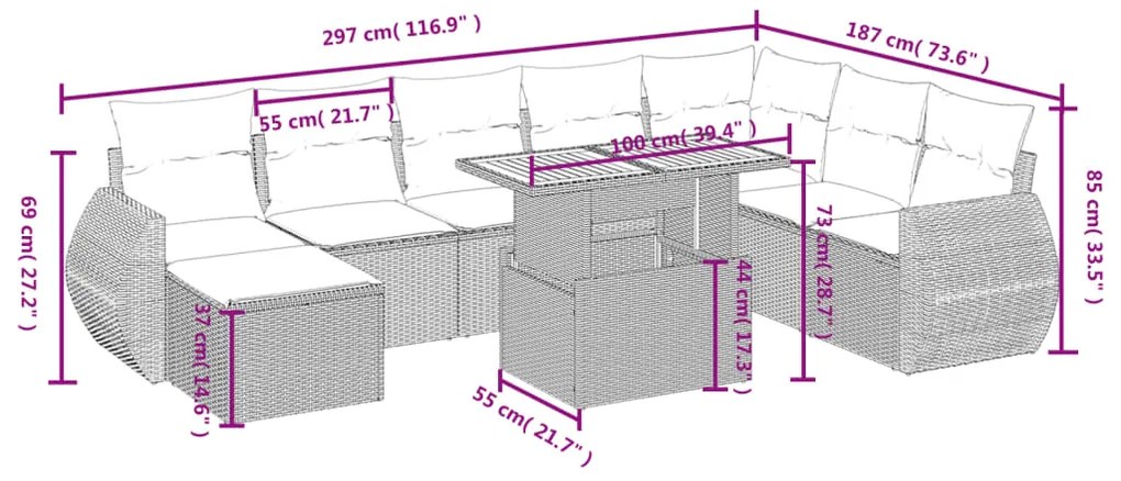 9 pcs conjunto sofás p/ jardim com almofadões vime PE cinzento