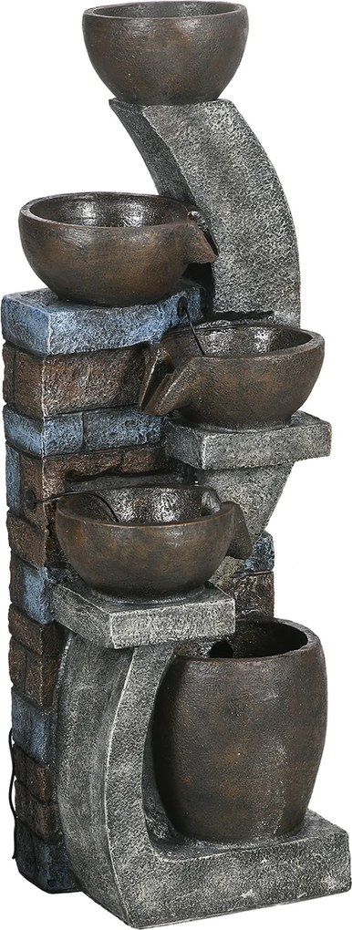 Outsunny Fonte de Água Exterior 5 Níveis Fonte de Jardim Luzes LED Painel Solar Bomba em Resina Cinza e Marrom | Aosom Portugal