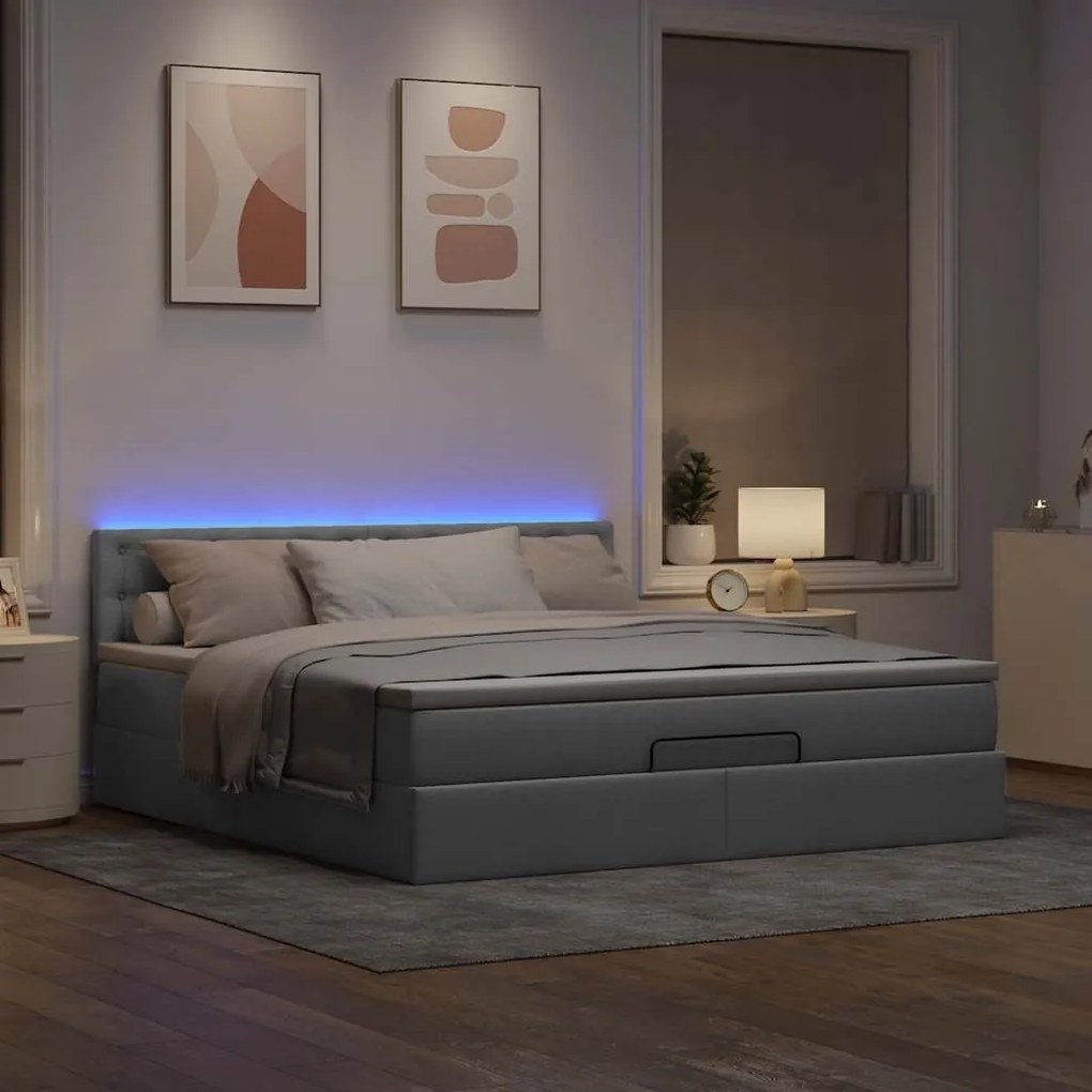 Cama Otomana com colchão &amp; LEDs 180x200cm tecido cinzento claro