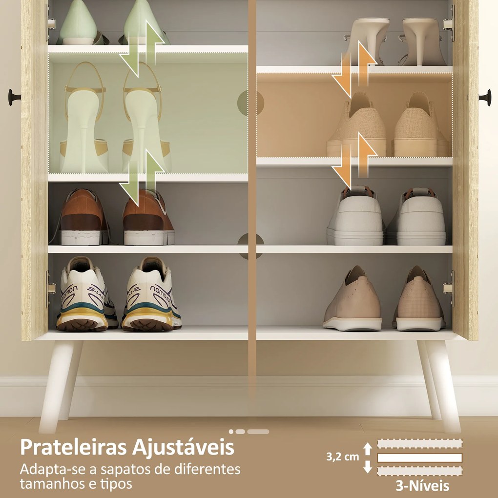 Sapateira de 2 Portas com Design em Espiga Prateleiras Ajustáveis Gaveta para 12 Pares de Sapatos 75x35x97 cm, Branco e Madeira