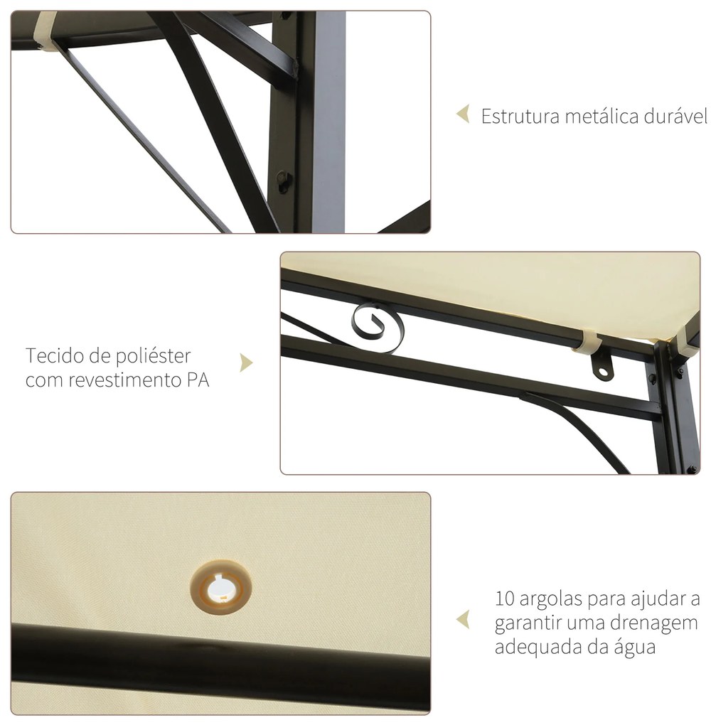 Outsunny Pérgola de Jardim 3x2,5m Pérgola Montada na Parede com Teto Retrátil 10 Orifícios de Drenagem Estrutura de Aço e Poliéster 180 g/m² para Pátio Terraço Exterior Creme