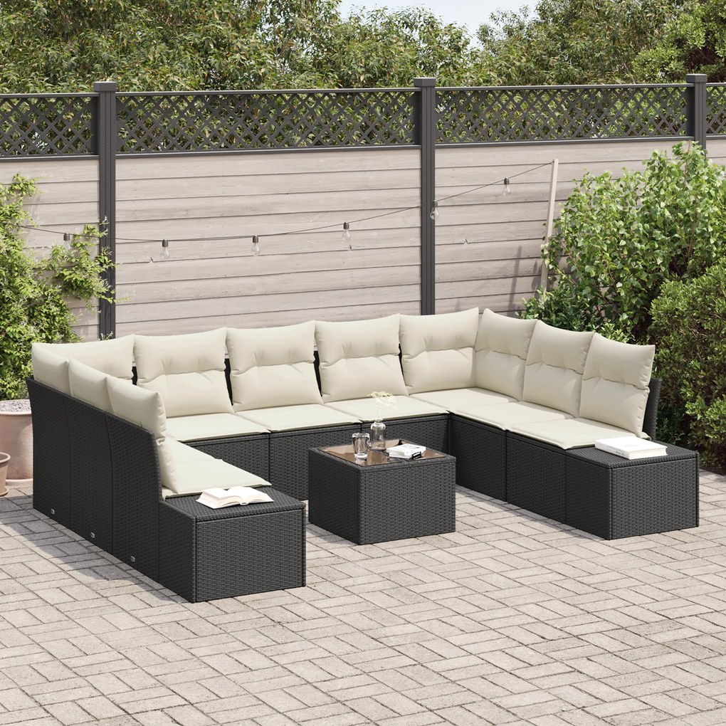 Conjunto de Sofá de Jardim de 9 Peças com Almofadas em Vime PE Marrom