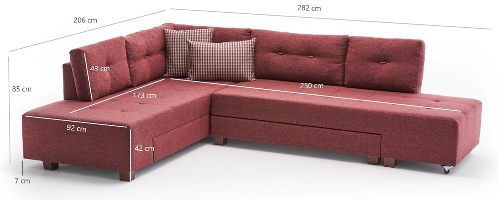 Sofá-Cama de Canto Manama – Vermelho Claret – 280x85x206 cm