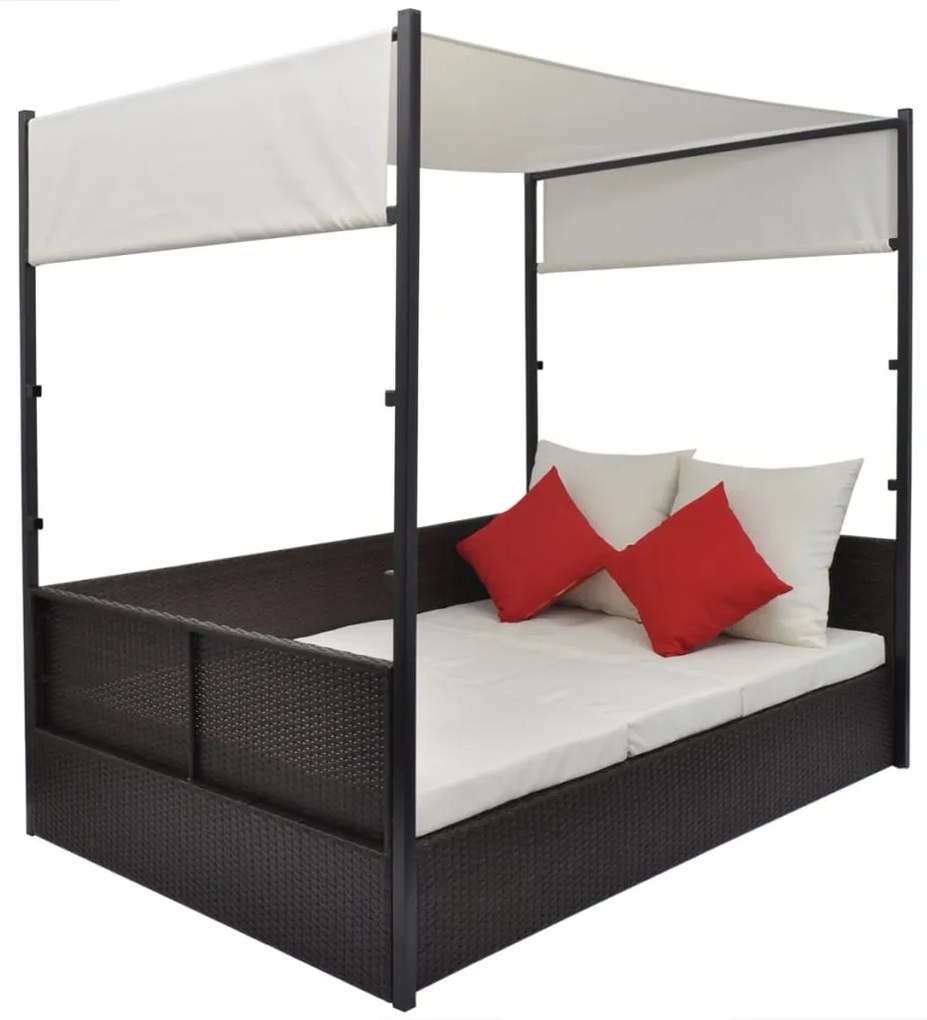Espreguiçadeira de jardim com toldo 190x130 cm vime PE castanho