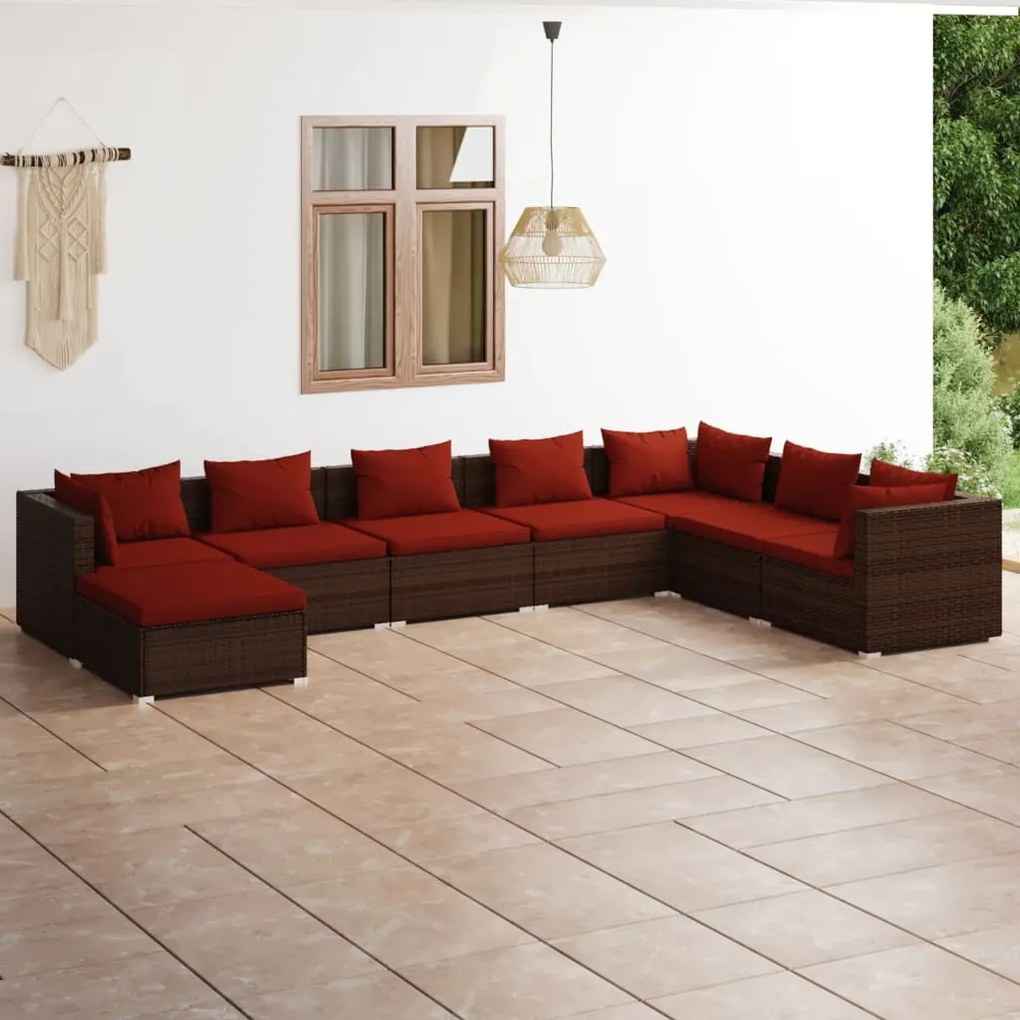 vidaXL 8 pcs conjunto lounge jardim c/ almofadões vime PE castanho