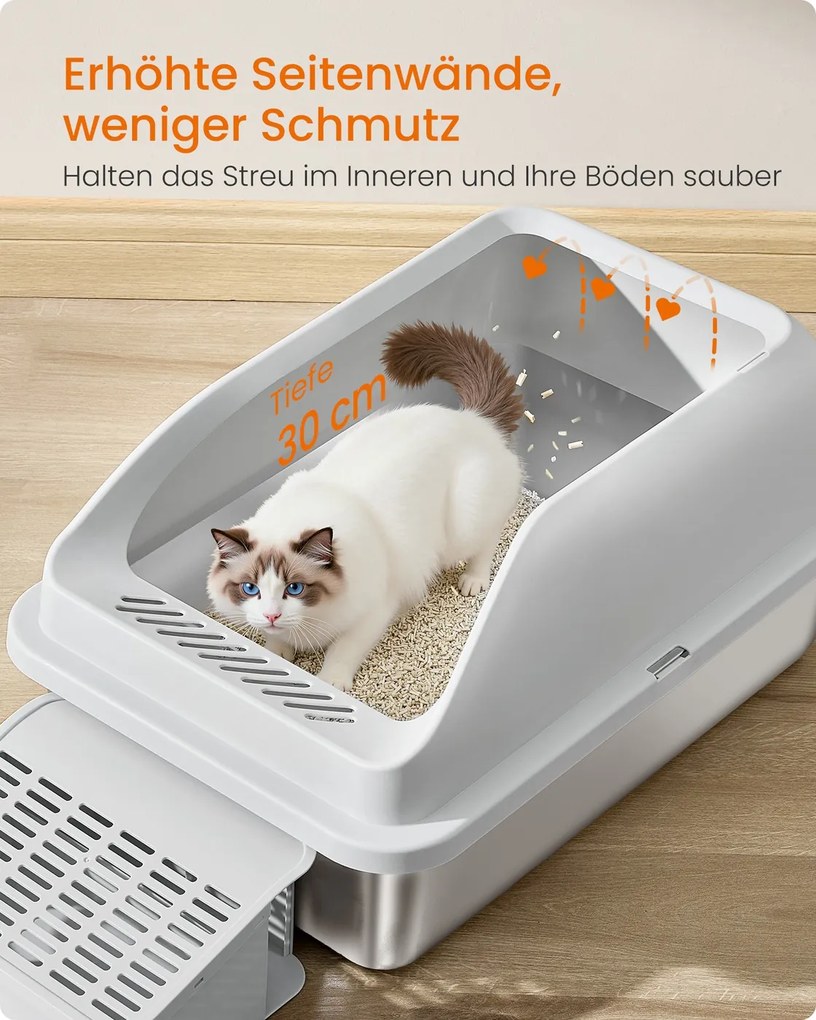 Caixa de areia para Gatos 62 x 42 x 30 cm em aço inoxidável com borda alta e acessórios cinzento