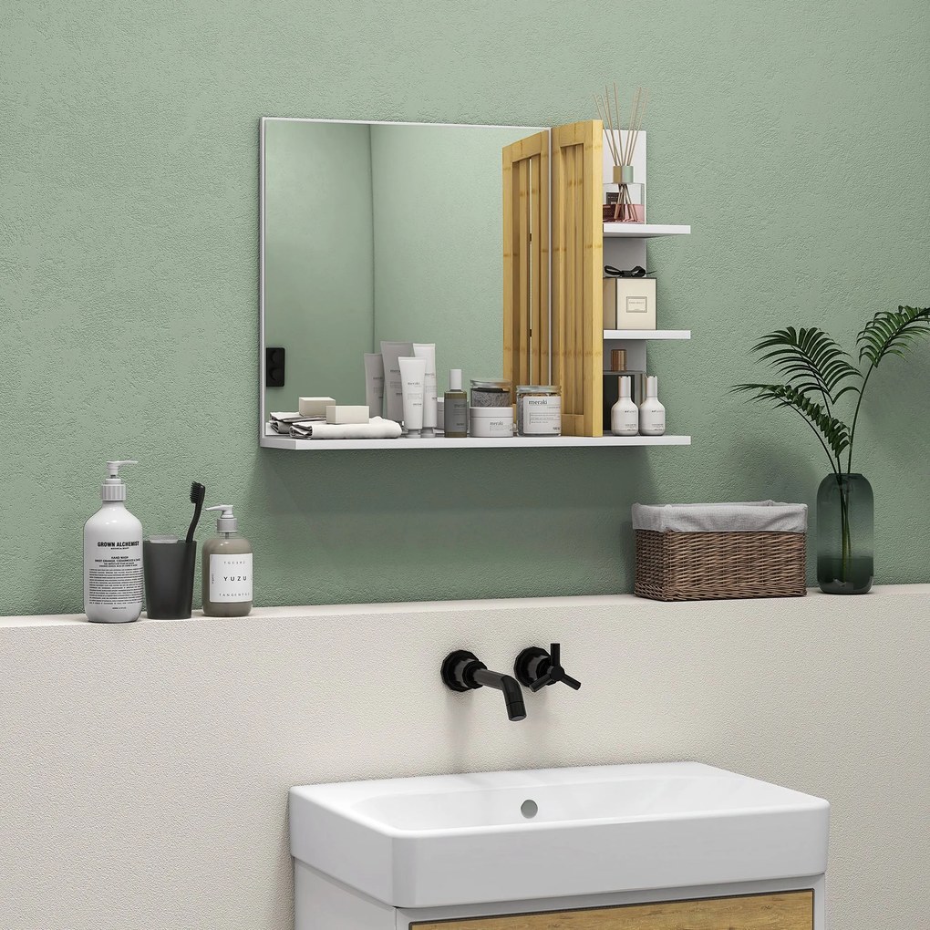 Espelho de parede para casa de banho 45 x 15 x 58,5 cm com 3 prateleiras laterais e 1 prateleira inferior em bambu e branco